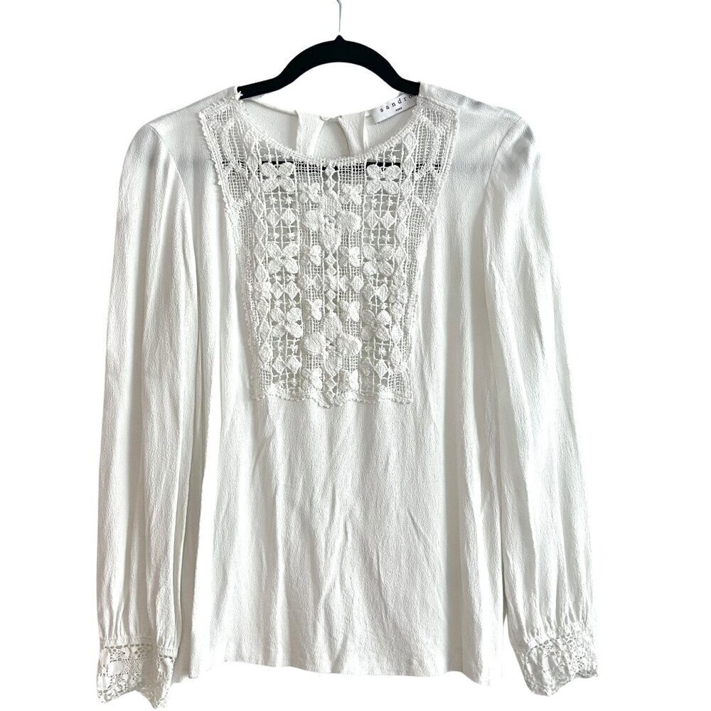 Sandro Paris Casey Lace Crepe Top Blouse Tunic Ecru Creme White Sz 2 - Picture 5 of 10